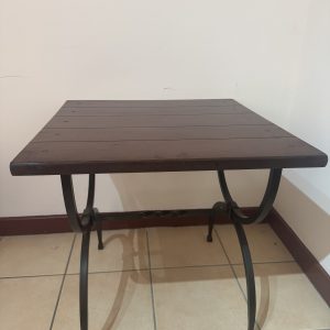 Mid 20th century wooden plank side table with wrought iron legs