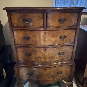 Antique Burl wood serpentine fronted chest of draws