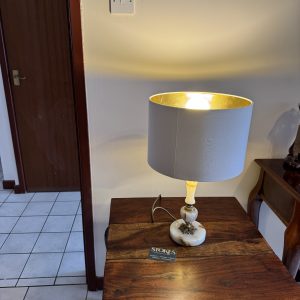 Vintage Brass and Onyx table lamp with cream gold lined lamp shade