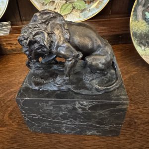 Bronze sculpture of Lion and Serpent on Marble Base signed by Louis- Albert Carvin
