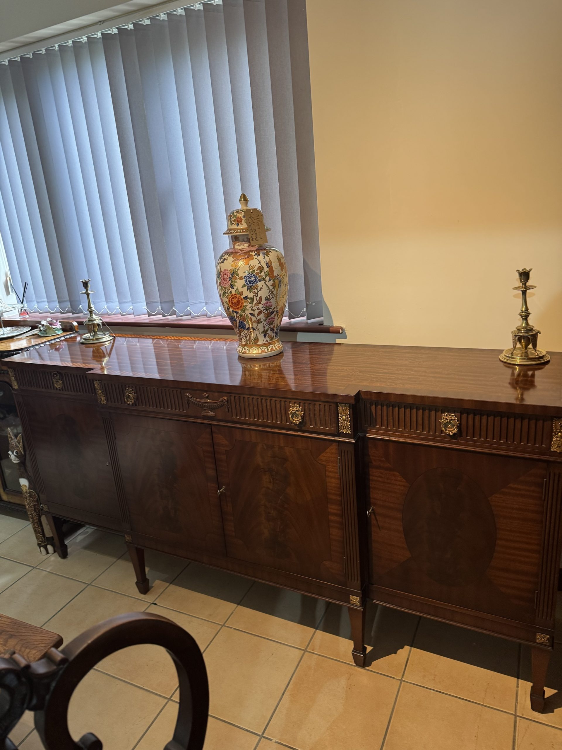 Vintage flame mahogany regency revival break front sideboard made by Epstein of London - Image 13