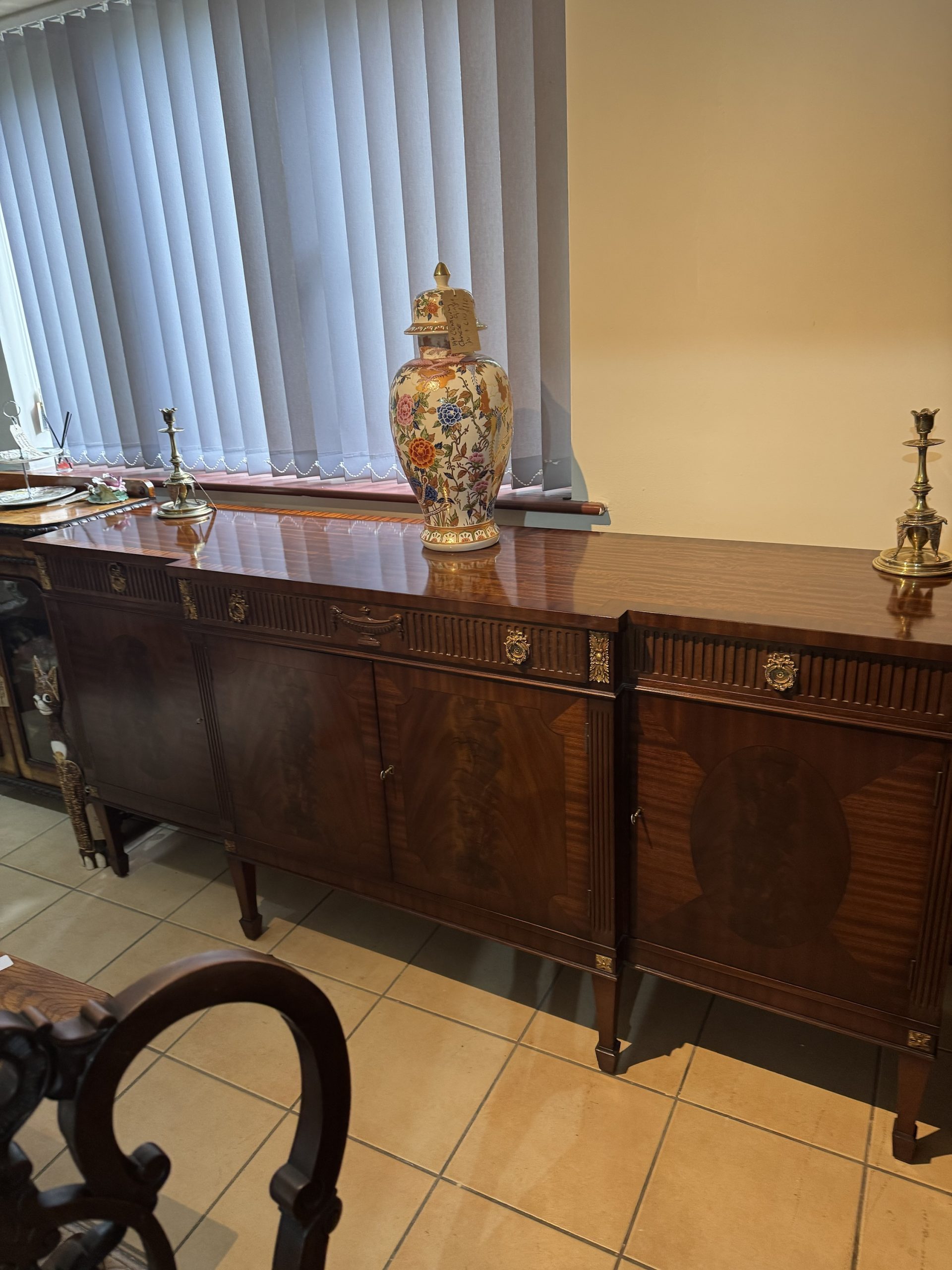 Vintage flame mahogany regency revival break front sideboard made by Epstein of London - Image 12
