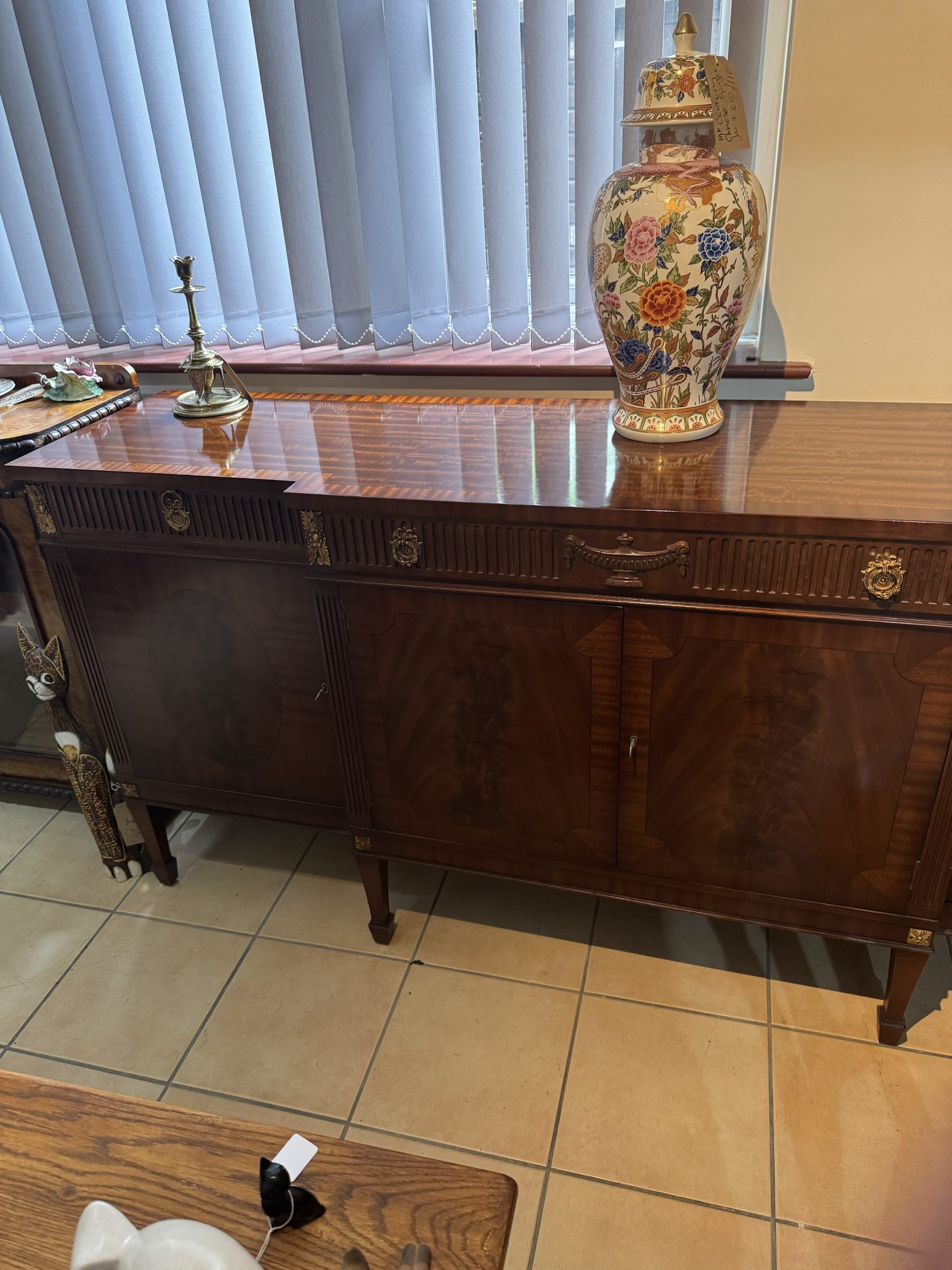 Vintage flame mahogany regency revival break front sideboard made by Epstein of London - Image 11
