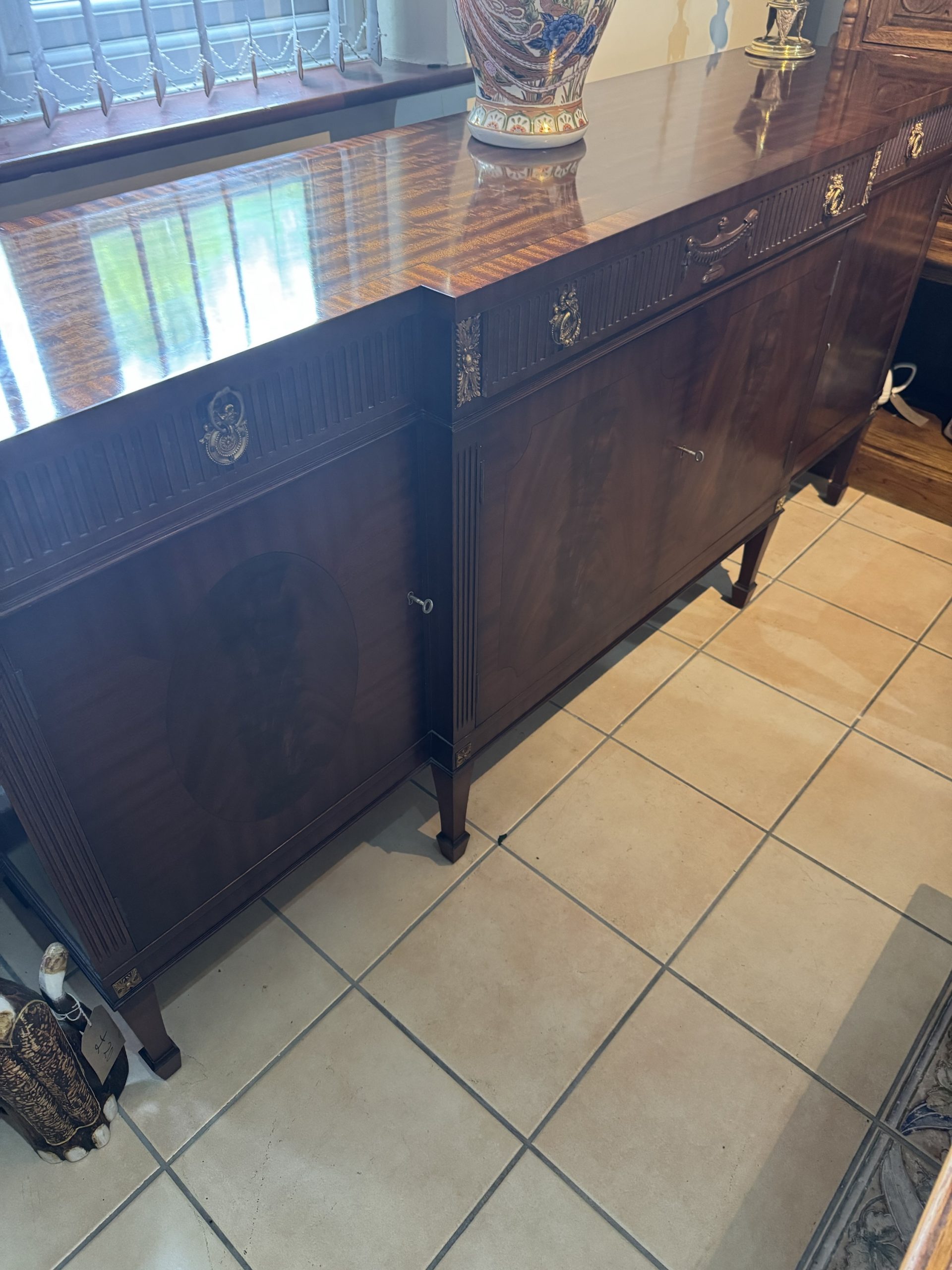 Vintage flame mahogany regency revival break front sideboard made by Epstein of London - Image 10