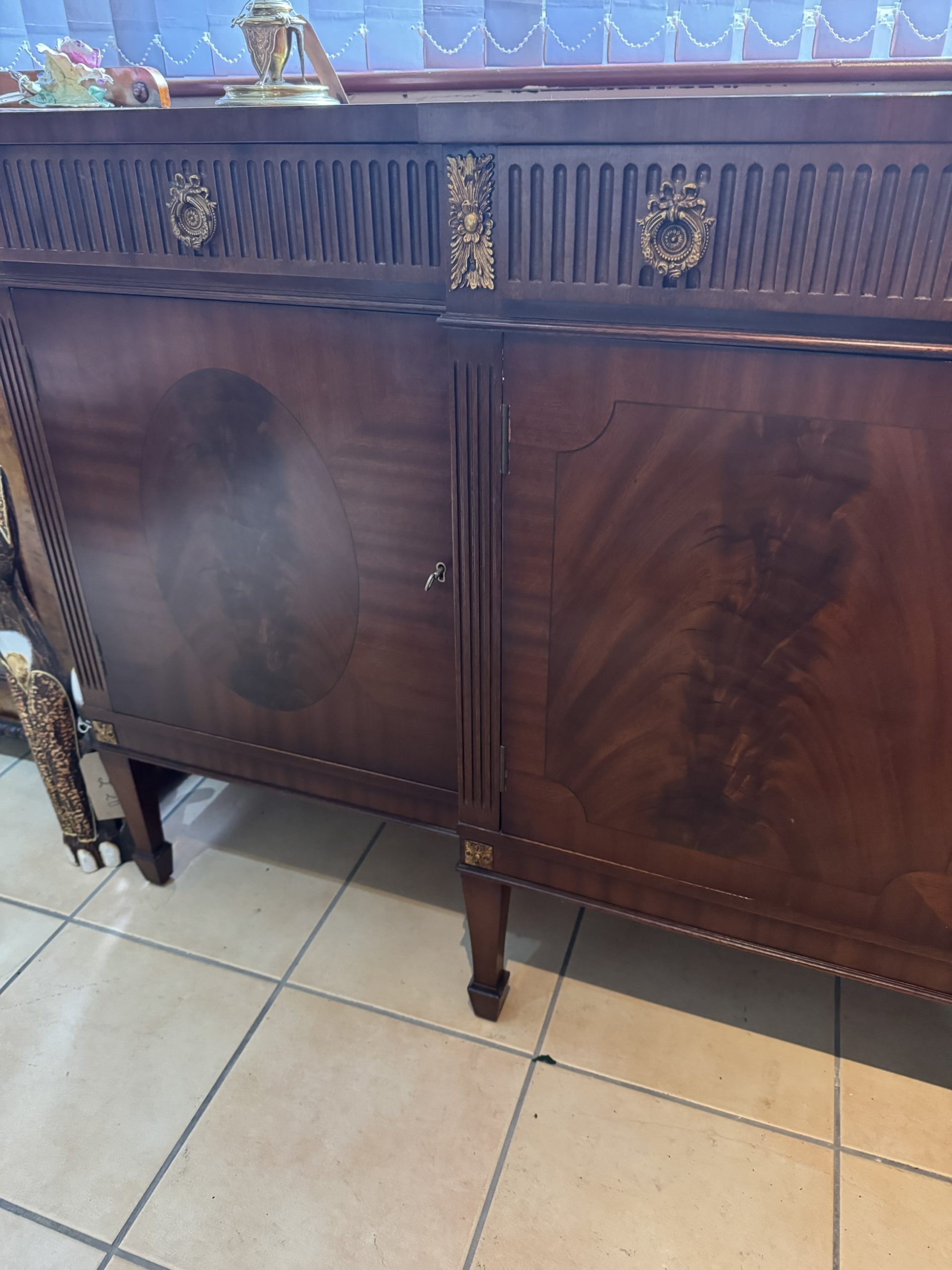 Vintage flame mahogany regency revival break front sideboard made by Epstein of London - Image 3