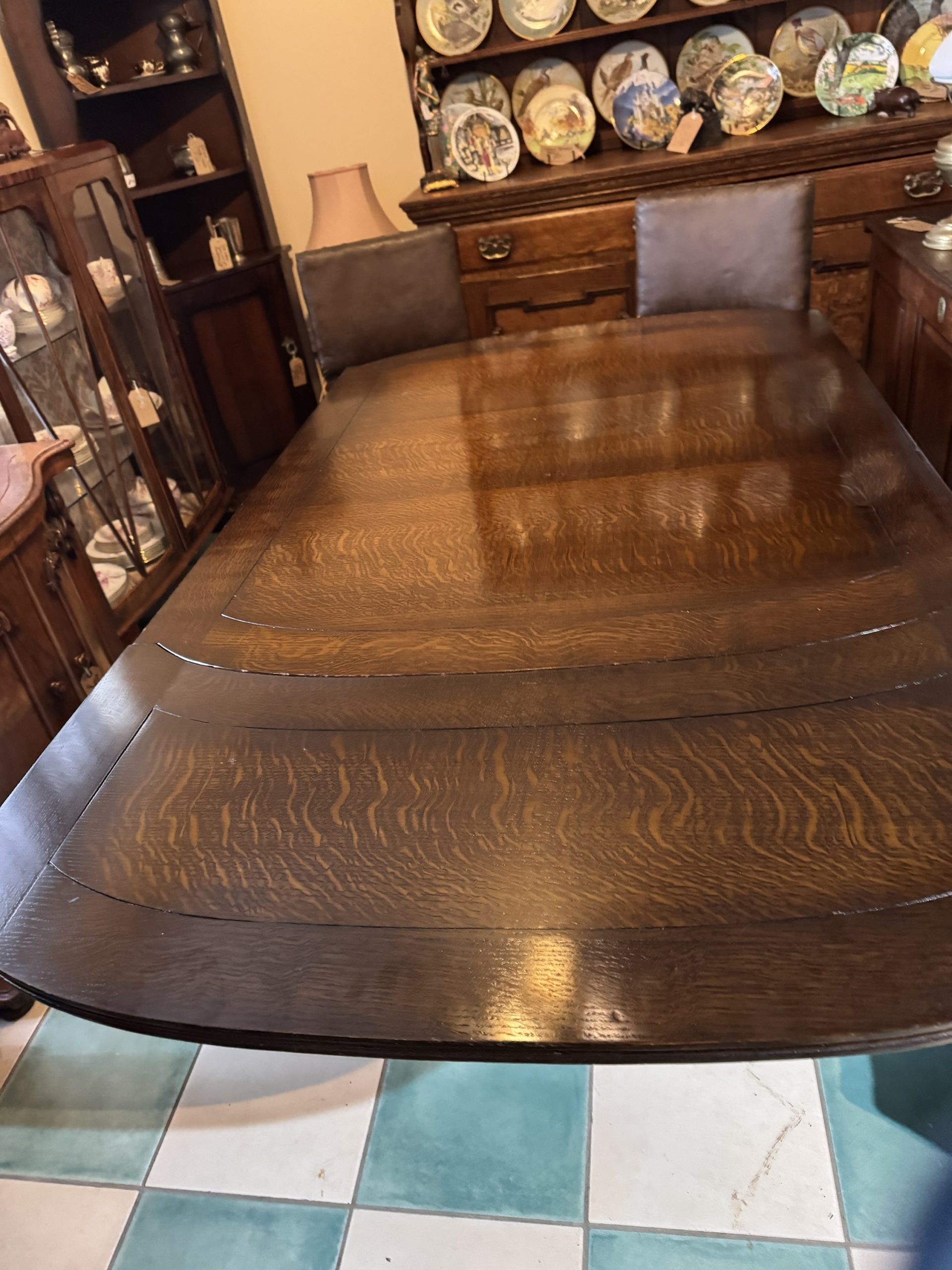 Antique 1900’s Tiger Striped Oak Draw Leaf Expanding Dining Room Table - Image 4