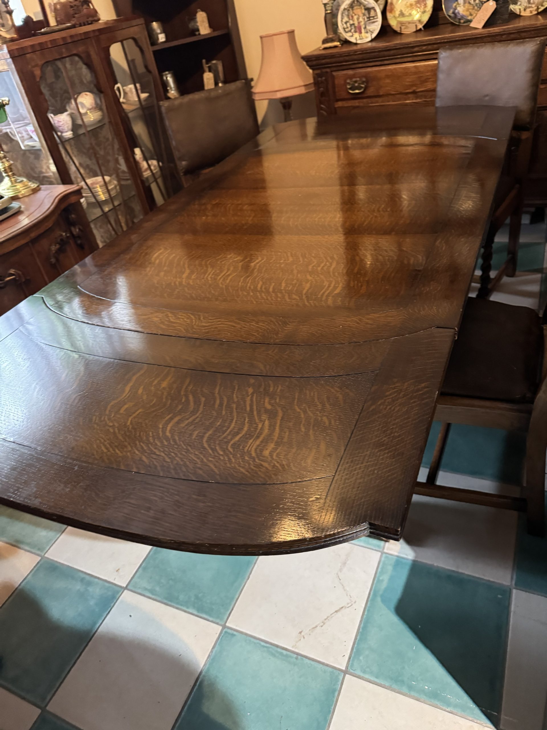 Antique 1900’s Tiger Striped Oak Draw Leaf Expanding Dining Room Table - Image 2
