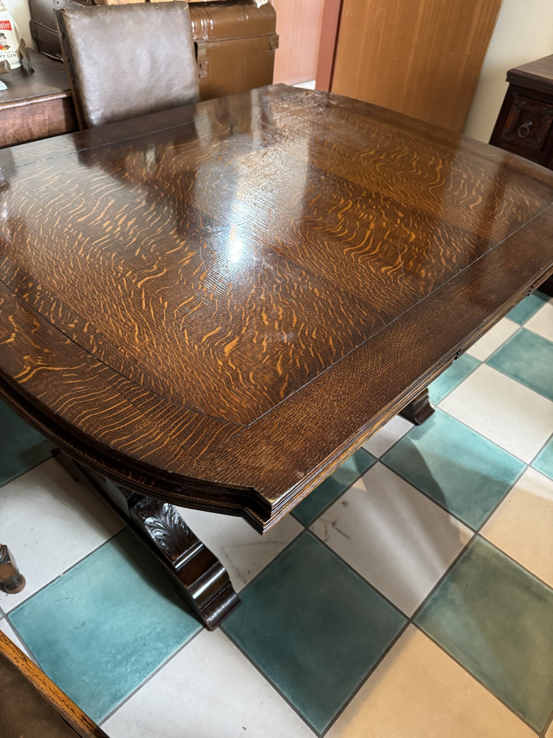 Antique 1900’s Tiger Striped Oak Draw Leaf Expanding Dining Room Table - Image 6