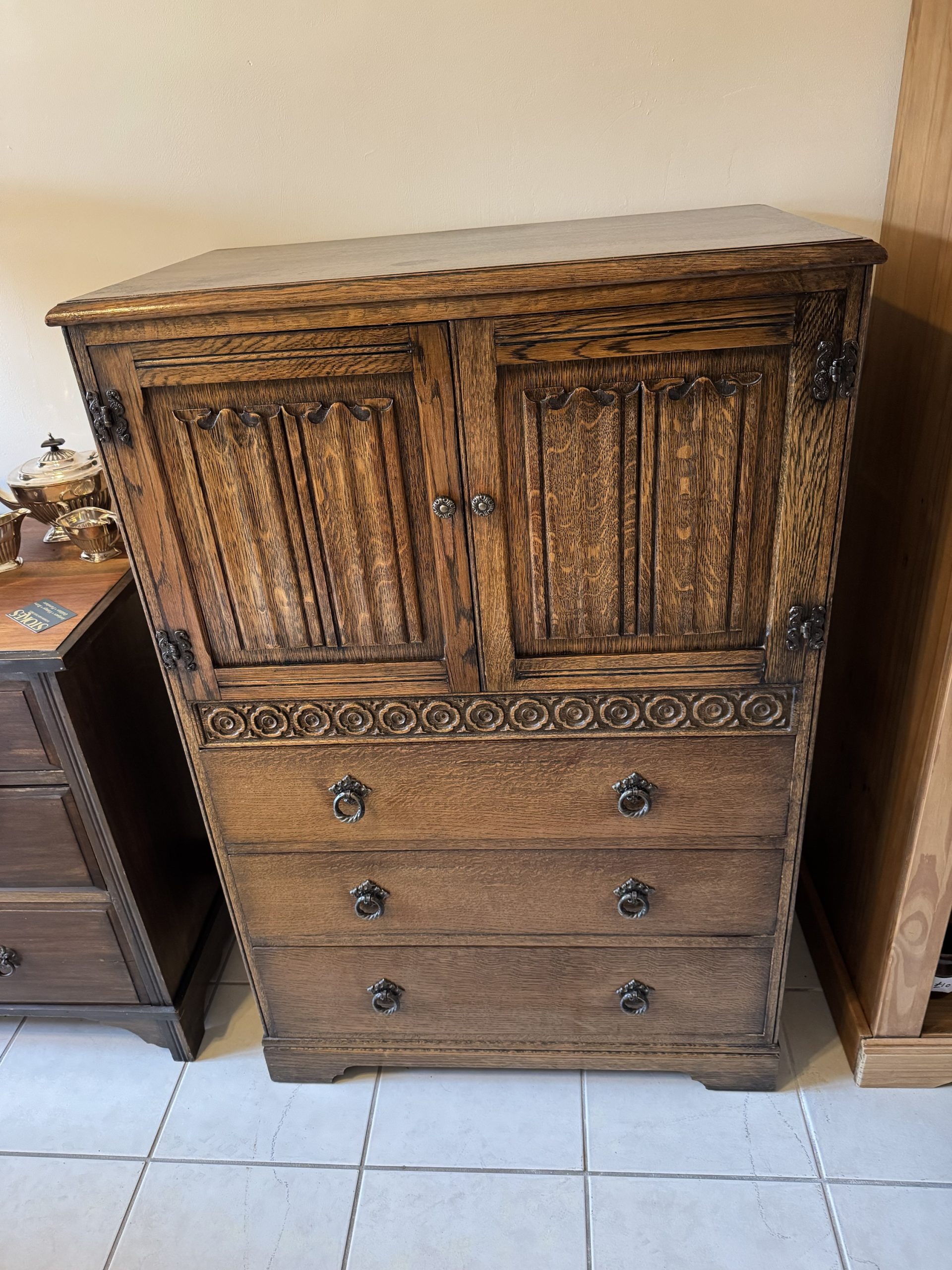 Antique Carved Oak 2 Door and 3 Draw Gentleman’s Cupboard - Image 3