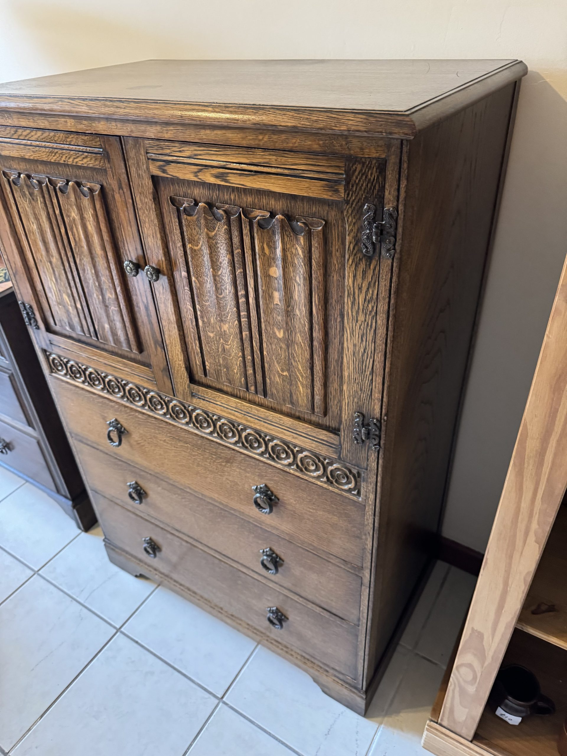 Antique Carved Oak 2 Door and 3 Draw Gentleman’s Cupboard - Image 2