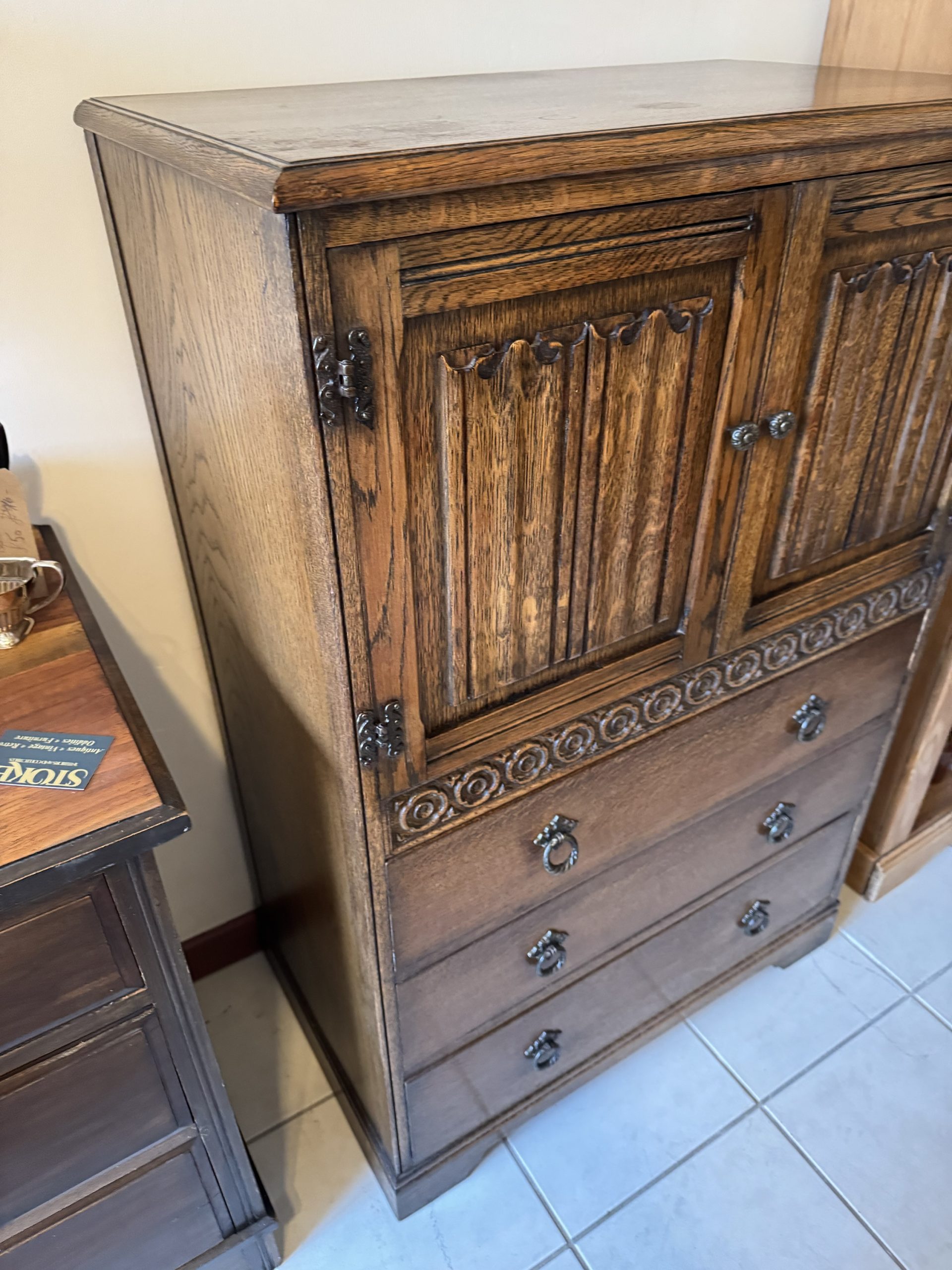 Antique Carved Oak 2 Door and 3 Draw Gentleman’s Cupboard