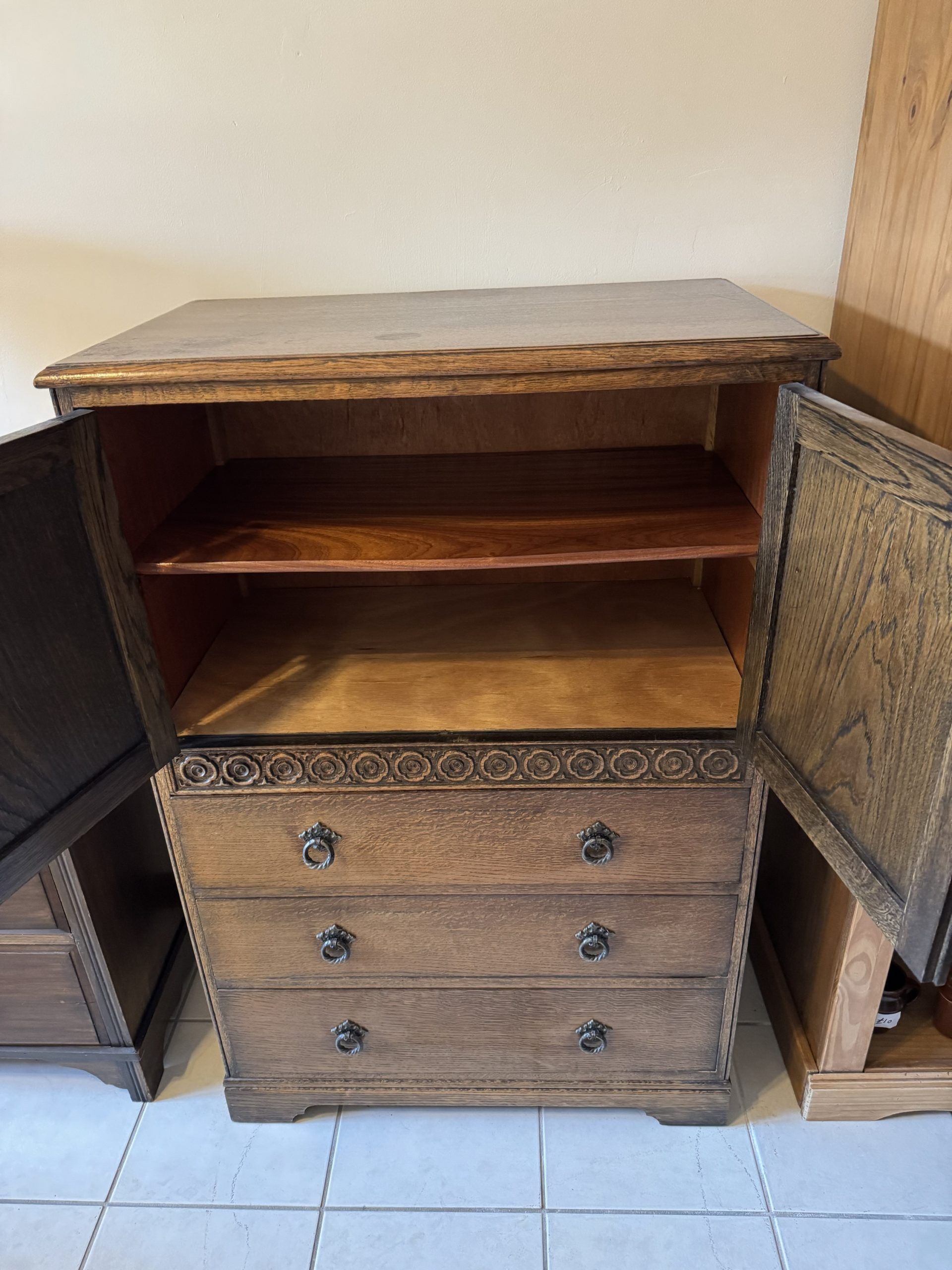Antique Carved Oak 2 Door and 3 Draw Gentleman’s Cupboard - Image 6