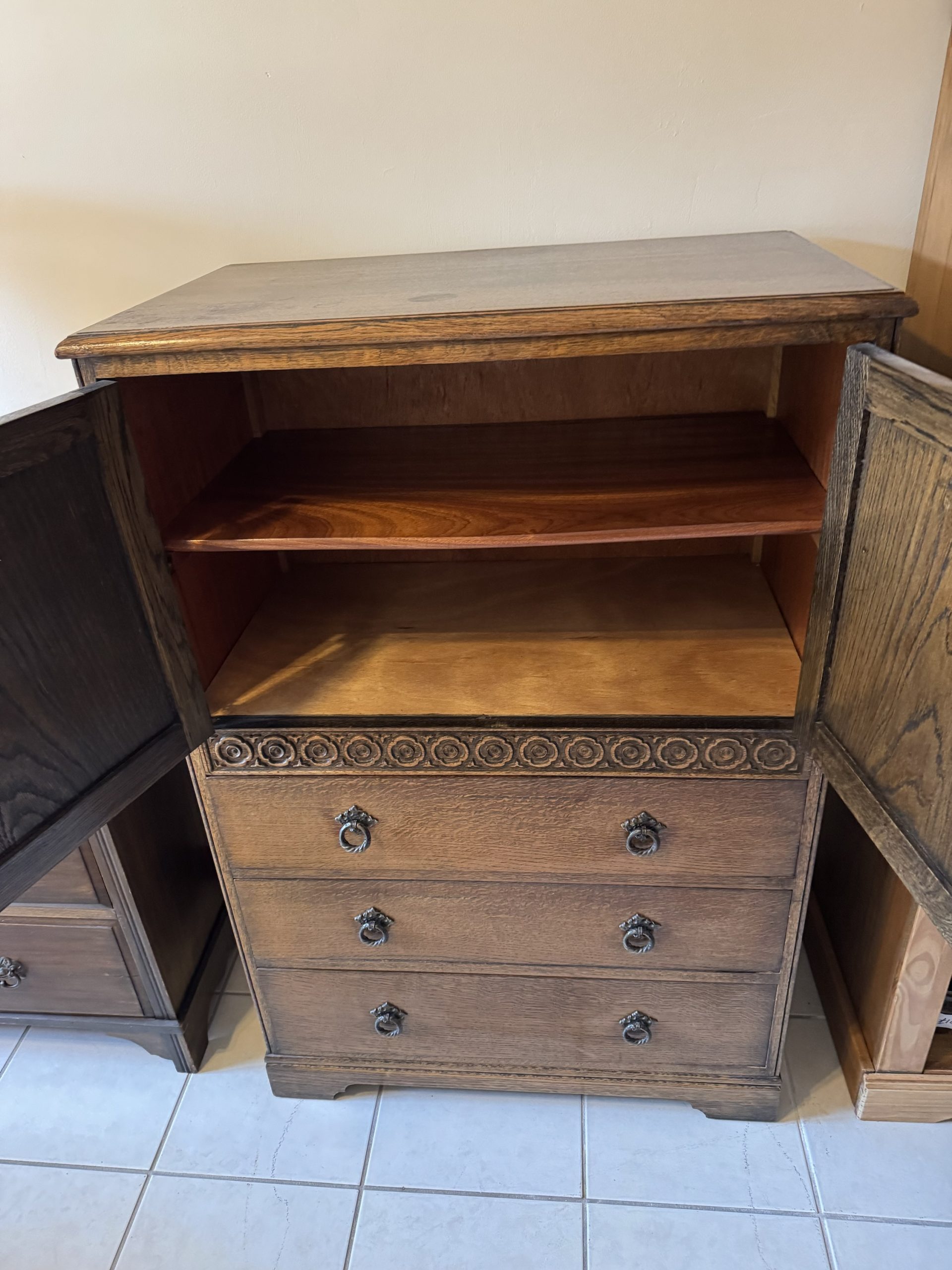 Antique Carved Oak 2 Door and 3 Draw Gentleman’s Cupboard - Image 5