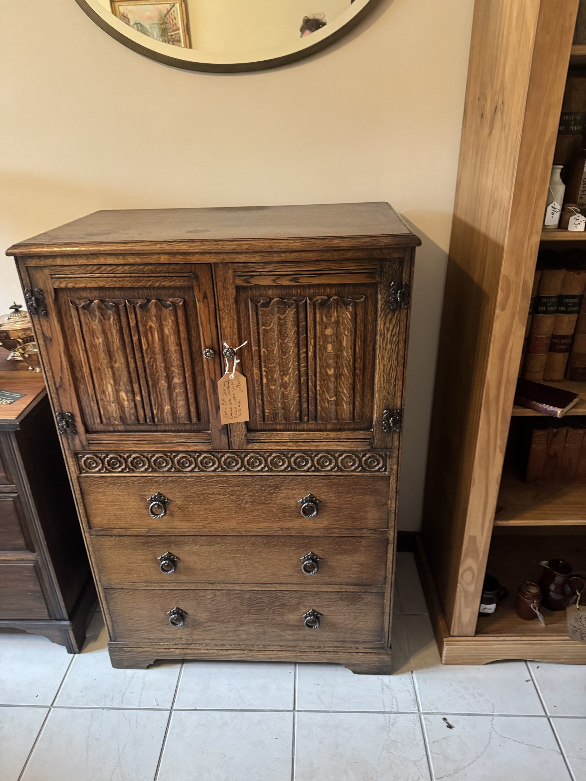 Antique Carved Oak 2 Door and 3 Draw Gentleman’s Cupboard - Image 4